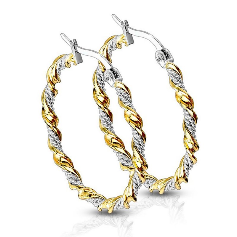 Rope Chain Hoop Earrings Two Tone Gold Pvd Plate Silver Stainless Stee