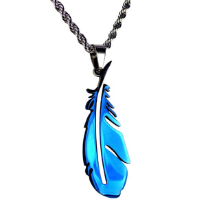 Blue Feather Necklace 316L Stainless Steel Bird Falcon Crow Raven Pendant Chain