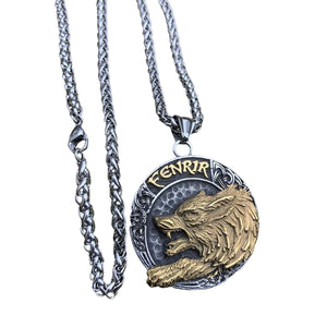 Fenrir Wolf Necklace Stainless Steel Helm of Awe Viking Pendant White Chain