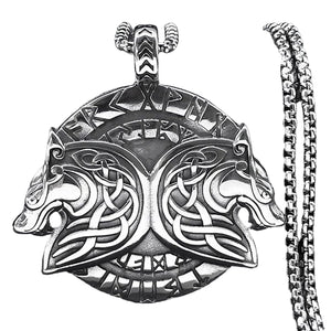 Geri Freki Viking Necklace 316L Stainless Steel Norse Wolves Wolf Pendant Chain Close White