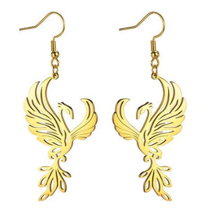 Phoenix Earrings Womens Gold PVD Plate 316L Stainless Steel Fire Bird Dangles