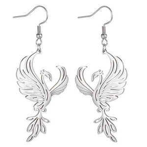 Womens Phoenix Earrings Silver 316L Stainless Steel Bird of Fire Dangles