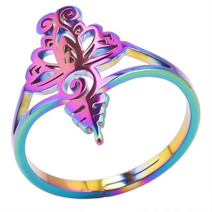 Womens Rainbow Lotus Flower Ring 316L Stainless Steel Adjustable Lily Boho Band