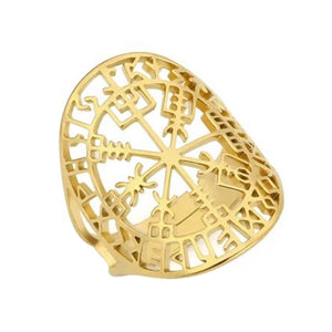 Womens Vegvisir Viking Ring Gold PVD Plated 316L Stainless Steel Norse Band