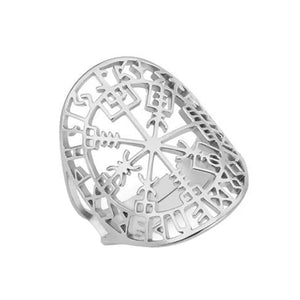 Womens Vegvisir Viking Ring Silver 316L Stainless Steel Adjustable Norse Band