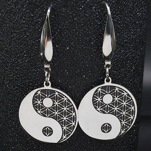 Yin Yang Earrings 316L Surgical Stainless Steel Flower Sacred Geometry Dangles