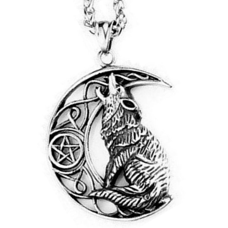 Celtic Moon Necklace Stainless Steel Wolf Pentacle Pagan Pendant