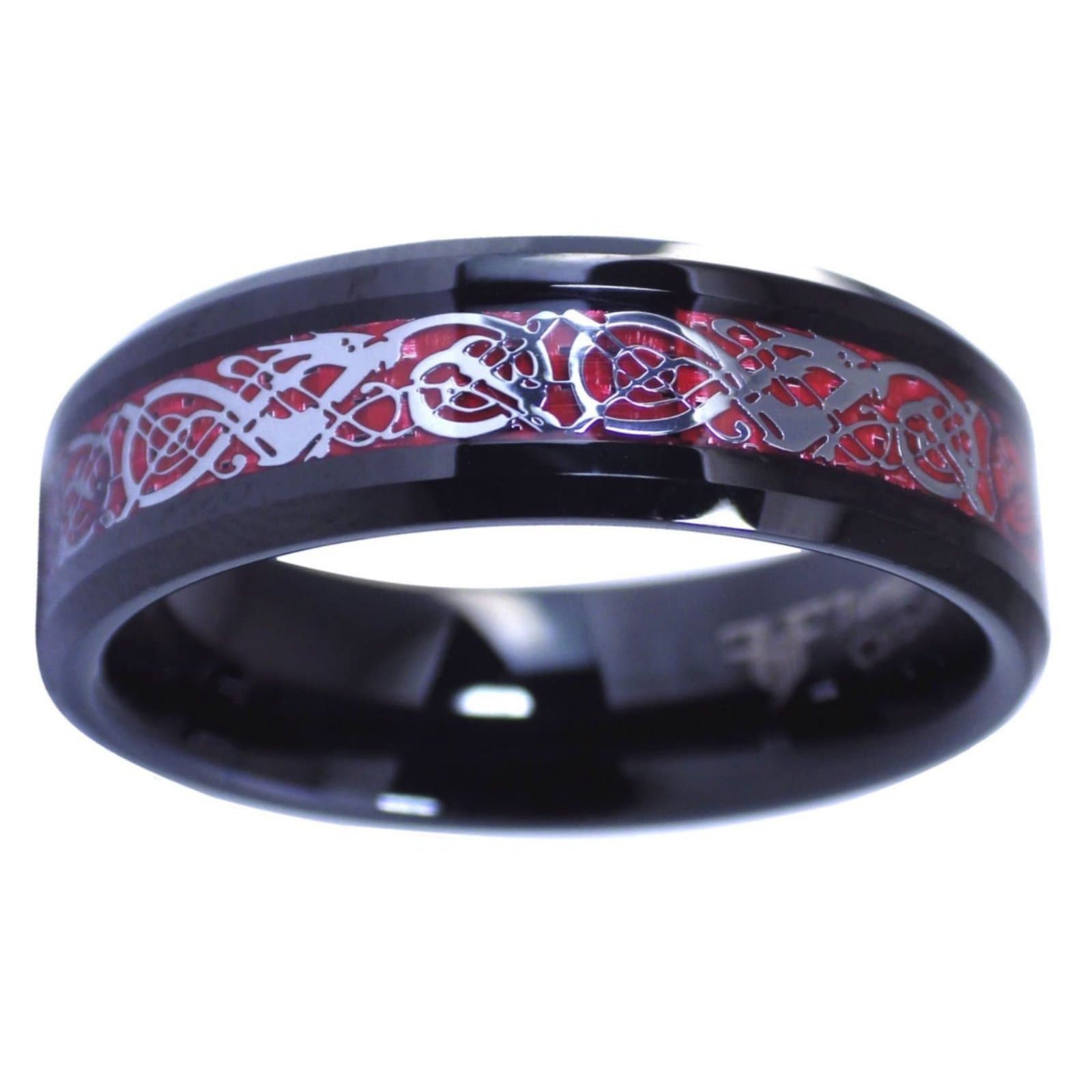 Fashion 8mm Men Red Groove Beveled Edge Stainless Steel Celtic Dragon Ring  Zircon Inlay Red Carbon Fibre Ring Men Wedding Band
