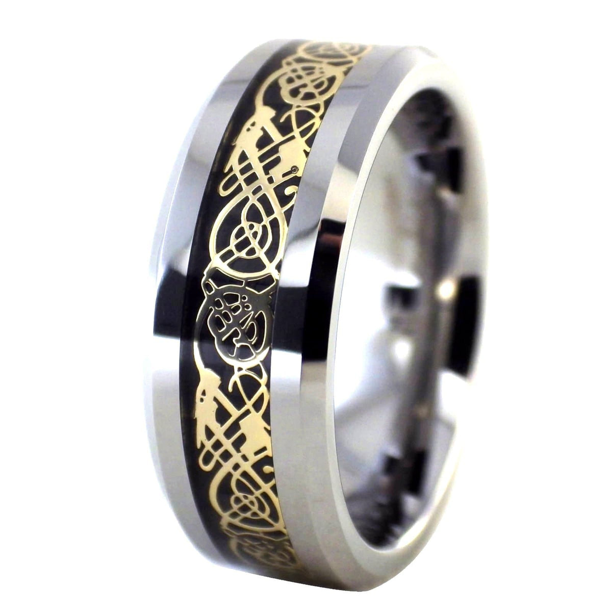 Gold Celtic Dragon Tungsten Ring | Black Carbon Fiber Wedding Band