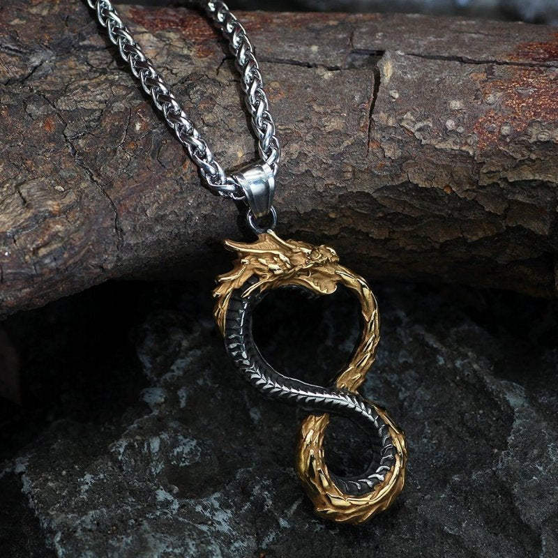 Infinity Ouroboros Necklace Gold Stainless Steel Serpent Dragon Pendan