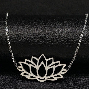 Lotus Flower Necklace Silver Stainless Steel Spiritual Nelumbo Pendant Close View