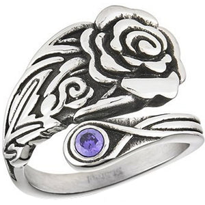 Rose Spoon Ring Stainless Steel Purple CZ Garden Flower Boho Band